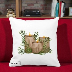 Perna Decorativa Lumanari Rustice cu Crengute Brad, 40x40 cm, Alba Mata, Husa Detasabila, Perna Inclusa, BEKZ®