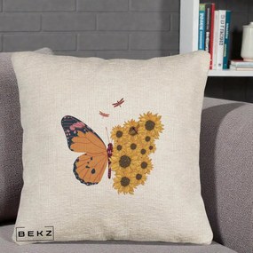 Perna Decorativa Fluture Floarea-Soarelui, 40x40 cm, Bej Canapea, Husa Detasabila, Perna Inclusa, BEKZ®