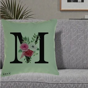 Cadou Personalizat - Perna Personalizata Monograma Florala Litera M cu Trandafiri si Anemona, 40x40 cm, Verde, Husa Detasabila, Perna Inclusa, BEKZ®