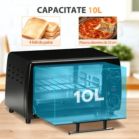 Mini Cuptor electric negru 36,5x26x22cm ,HOMCOM, 10L, temporizator, grila si tava incluse, 750 W, | Aosom Romania