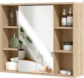 HOMCOM Mobilier de baie cu oglindă, dulap cu ușă și 6 compartimente deschise, 60 x 14,5 x 49,4 cm, lemn natural | Aosom Romania