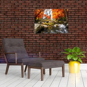 Tablou pe sticlă - Cascade în pădurea portocalie (70x50 cm)
