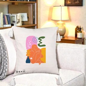 Perna Decorativa Femeie Meditand Abstract, 40x40 cm, Bej cu Franjuri, Husa Detasabila, Perna Inclusa, BEKZ®