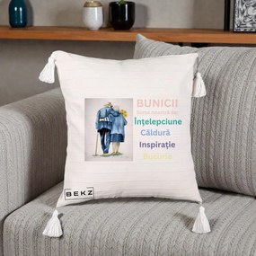Cadou pentru Bunici - Perna Personalizata Bunicii Sursa Intelepciune Caldura Acuarela, 40x40 cm, Bej cu Franjuri, Husa Detasabila, Perna Inclusa, BEKZ®