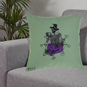 Perna Decorativa Schelet Vrajitor cu Dovleac Violet Halloween, 40x40 cm, Verde, Husa Detasabila, Perna Inclusa, BEKZ®