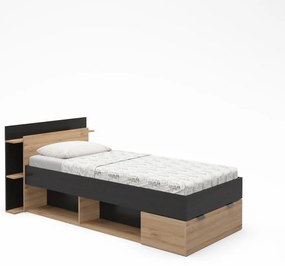 Pat negru/în culoare naturală cu aspect de lemn de stejar cu spațiu de depozitare fără somieră 90x200 cm Albo – Marckeric