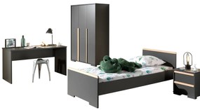 Această combinație LONDON în culoarea antracit constă dintr-un pat (90x200) cu noptieră, dulap cu 3 uși și birou.