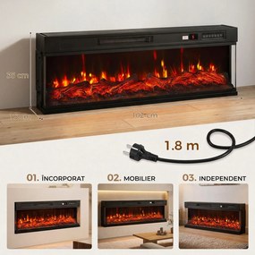 HOMCOM Șemineu electric de podea/încastrabil, 3 laturi, cu telecomandă, 750/1500W, efect flacără 3D, 12 culori, 5 niveluri de luminozitate | Aosom Romania