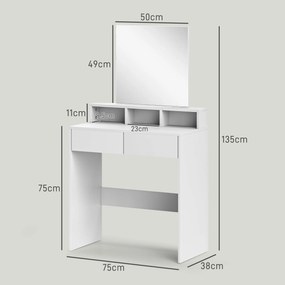HOMCOM Masă de toaletă cu oglindă, 2 sertare, 3 compartimente, compactă, pentru dormitor, albă | Aosom Romania