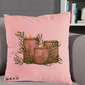 Perna Decorativa Lumanari Rustice cu Crengute Brad, 40x40 cm, Roz, Husa Detasabila, Perna Inclusa, BEKZ®