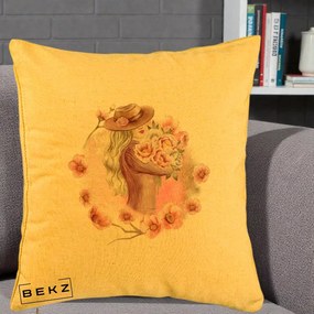 Perna Decorativa Femeie cu Flori Roz Acuarela, 40x40 cm, Galben, Husa Detasabila, Perna Inclusa, BEKZ®