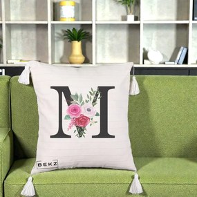 Cadou Personalizat - Perna Personalizata Monograma Florala Litera M cu Trandafiri si Anemona, 40x40 cm, Bej cu Franjuri, Husa Detasabila, Perna Inclusa, BEKZ®