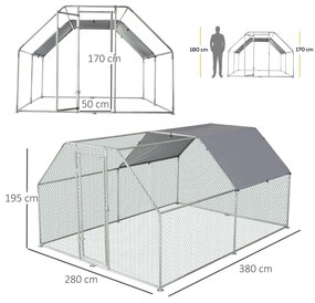 PawHut Cotet Găini Plastic Rezistent Gard Protecție UV Acoperiș 280x380x195cm Argintiu | Aosom Romania