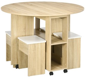 Set dining 4 persoane HOMCOM, masa de bucatarie cu extensie plianta, rotile, 4 scaune, culoare stejar | Aosom RO