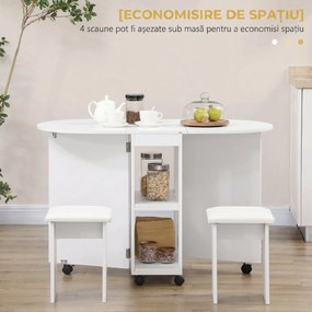 Set de masa pliabil pentru 4 persoane, cu 5 piese, scaune de sufragerie tapitate, cu rafturi de depozitare si 6 roti, alb HOMCOM | Aosom Romania