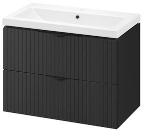 Set dulap baie negru mat, suspendat 2 sertare lavoar inclus, 80 cm, riflaje 3D, MDF, Tirso, Cersanit 800x450 mm, Negru mat
