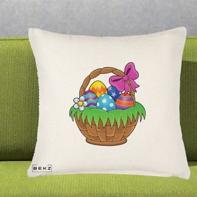Perna Decorativa Cos cu Oua de Pasti Colorat, 40x40 cm, Crem Reliefat, Husa Detasabila, Perna Inclusa, BEKZ®