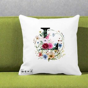 Cadou Personalizat - Perna Personalizata Monogram Litera L cu Flori Acuarela, 40x40 cm, Alba Mata, Husa Detasabila, Perna Inclusa, BEKZ®