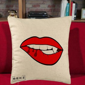 Perna Decorativa Vampire Lips Halloween, 40x40 cm, Bej, Husa Detasabila, Perna Inclusa, BEKZ®