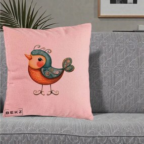 Perna Decorativa Pasare Ornamentala Folk Art, 40x40 cm, Roz, Husa Detasabila, Perna Inclusa, BEKZ®