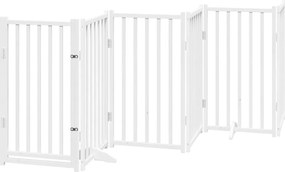 vidaXL Poartă câini pliabilă cu ușă, 6 panouri, alb, 300 cm, lemn brad