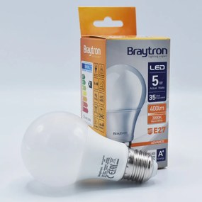 Bec LED 5W(35W) Braytron, A60, E27, 400 lm, lumina calda (3000 K), clasa energetica F