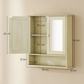 kleankin Dulap de perete pentru baie cu oglindă, 56 x 13 x 58 cm, mobilier de baie cu uși-oglindă duble, efect lemn natural | Aosom Romania