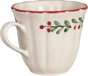 Cană din ceramică artizanală albă cu motiv de Crăciun pictat manual, margine ondulată roșie, cu mâner, 10,5 × 9,5 cm, „Esther Lingonberry"