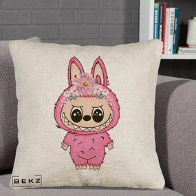 Perna Personalizata Labubu Roz cu Coroana Florala, 40x40 cm, Bej Canapea, Husa Detasabila, Perna Inclusa, BEKZ®
