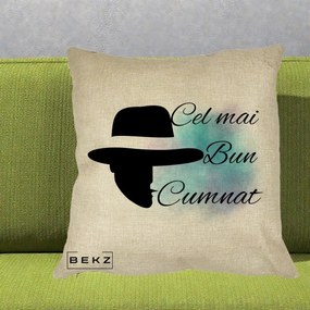 Cadou pentru Cumnat - Perna Personalizata Cel mai Bun Cumnat cu Silueta Palarie si Pete Teal-Roz, 40x40 cm, Crem, Husa Detasabila, Perna Inclusa, BEKZ®