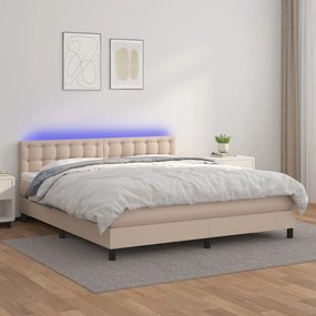 vidaXL Pat cu arcuri, cu saltea și LED cappuccino 180x200 cm piele eco