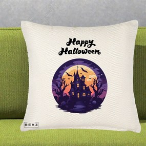 Perna Decorativa Happy Halloween Casa Bantuita Violet, 40x40 cm, Crem Reliefat, Husa Detasabila, Perna Inclusa, BEKZ®