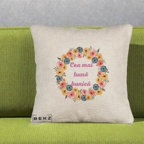 Cadou pentru Bunica - Perna Personalizata Cea Mai Buna Bunica Coronita Flori Multicolore, 40x40 cm, Bej Canapea, Husa Detasabila, Perna Inclusa, BEKZ®