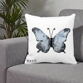 Perna Decorativa Fluture Acuarela Albastru-Gri, 40x40 cm, Alba Mata, Husa Detasabila, Perna Inclusa, BEKZ®