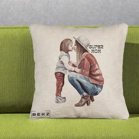 Cadou pentru Mama - Perna Personalizata Super Mom Acuarela, 40x40 cm, Bej Canapea, Husa Detasabila, Perna Inclusa, BEKZ®