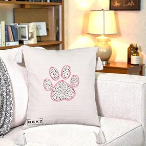 Perna Personalizata Labuta Dalmatian Roz Neon, 40x40 cm, Bej cu Franjuri, Husa Detasabila, Perna Inclusa, BEKZ®