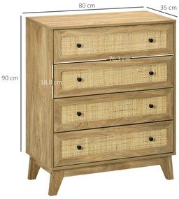 HOMCOM Cómoda cu 4 Sertare Comoda de Lemn cu Fronturi de Ratan Stil Cannage pentru Dormitor 80x35x95 cm Natural | Aosom Romania