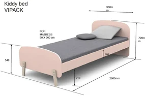 Această combinație KIDDY în roz constă dintr-un pat (90x200), noptieră, 2 rafturi de perete (45 și 65 cm), bară de siguranță și cutie de jucării.