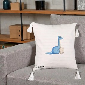 Perna Decorativa Brontosaur cu Ou, 40x40 cm, Bej cu Franjuri, Husa Detasabila, Perna Inclusa, BEKZ®