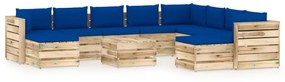 Set mobilier de gradina cu perne, 11 piese, lemn verde tratat albastru si maro, 11