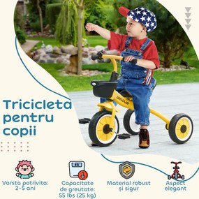 AIYAPLAY Tricicletă pentru Copii 2-5 Ani cu Scaun Reglabil și Coș Galben | Aosom Romania