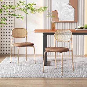 Set de 2 scaune de dining moderne din ratan cu cadru metalic, 56x52x27 cm, Maro