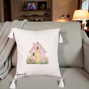 Perna Decorativa Casuta Roz Acuarela cu Gradina, 40x40 cm, Bej cu Franjuri, Husa Detasabila, Perna Inclusa, BEKZ®