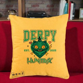 Perna Personalizata K-pop HUNTRX Derpy Pisica Albastra, 40x40 cm, Galben, Husa Detasabila, Perna Inclusa, BEKZ®
