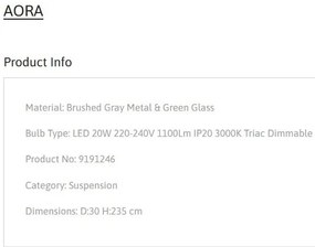 Lustra, Pendul LED, Sticla Verde, AORA, NVL-9191246