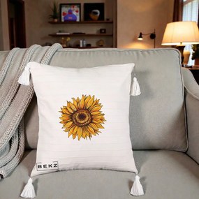 Perna Decorativa Floarea Soarelui Vibranta, 40x40 cm, Bej cu Franjuri, Husa Detasabila, Perna Inclusa, BEKZ®