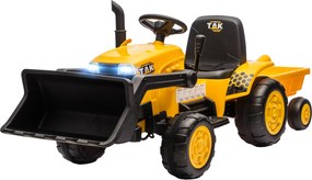 AIYAPLAY Excavator Electric pentru Copii 12V cu Cupă și Remorcă Detașabilă, Tractor Electric de Călărit cu 2 Motoare, Telecomandă, Conexiune Wireless, USB, Lumini și Muzică, 3-8 Ani, Galben | Aosom Romania