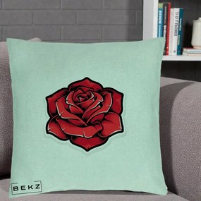 Perna Decorativa Trandafir Rosu Tattoo, 40x40 cm, Verde Menta, Husa Detasabila, Perna Inclusa, BEKZ®