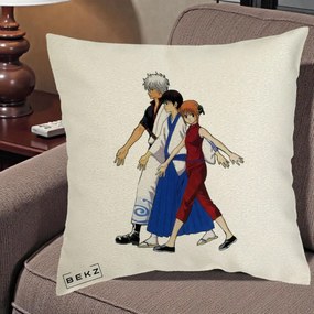Perna Personalizata Gintama Trio Gintoki Shinpachi Kagura, 40x40 cm, Ecru, Husa Detasabila, Perna Inclusa, BEKZ®