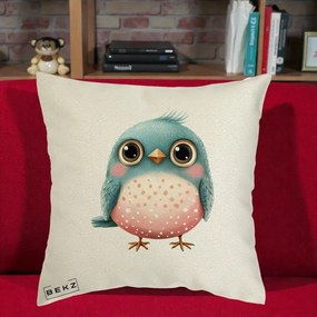 Perna Decorativa Pasare Teal-Roz cu Pete, 40x40 cm, Ecru, Husa Detasabila, Perna Inclusa, BEKZ®